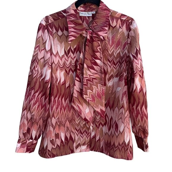 Schrader Sport Vintage Womens Abstract Print Tie Neck Pink Red Blouse Shirt Top - Picture 1 of 9